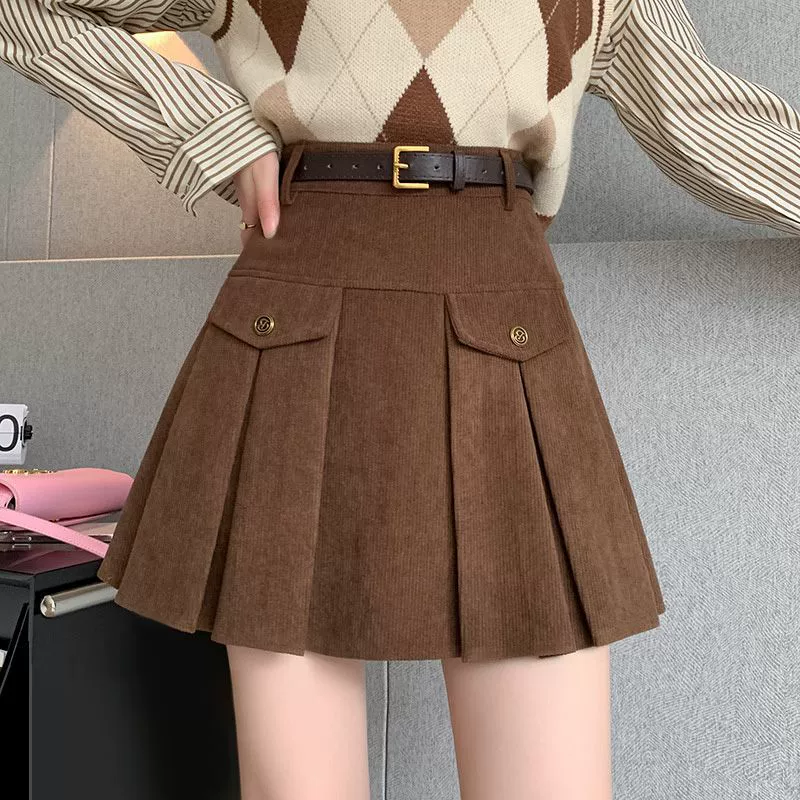 Вельветовая плиссированная юбка для женщин, новинка осени-зимы 2025, корейский стиль, стройнящая, с завышенной талией, А-силуэт, короткая юбка, универсальная юбка-полусолнце