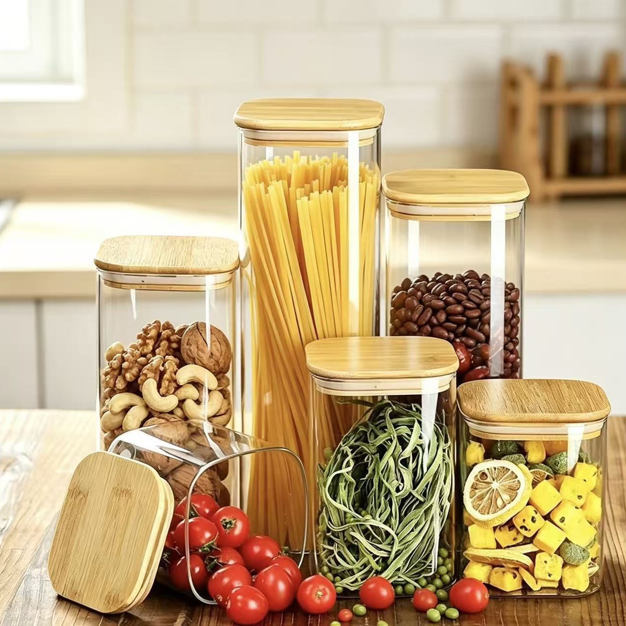 High Borosilicate Glass Jar with Square Bamboo Lid, Moisture-Proof Sealed Glass Jar, Storage Jar for Home Organization