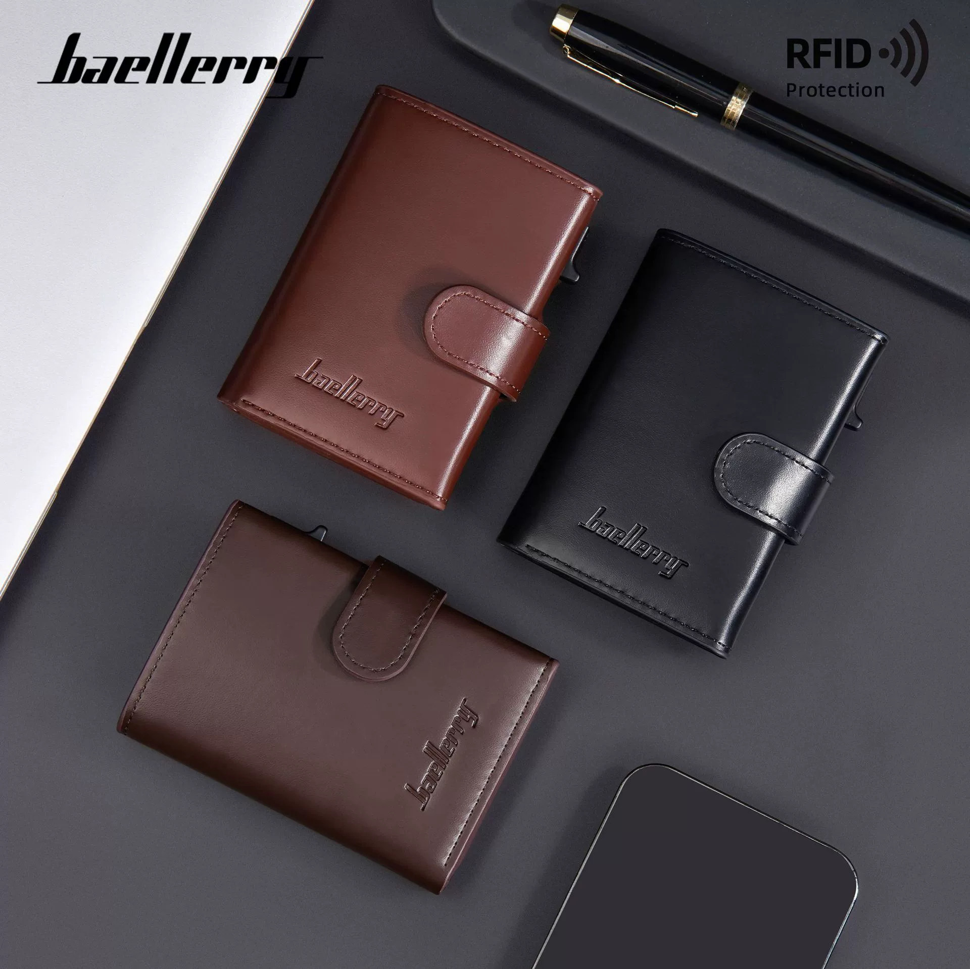 Новая мужская сумка для карт Baellerry CrossBorder с функцией RFID, противоугонным устройством, кнопкой-кисточкой, алюминиевой коробкой, зажимом для кредитных карт