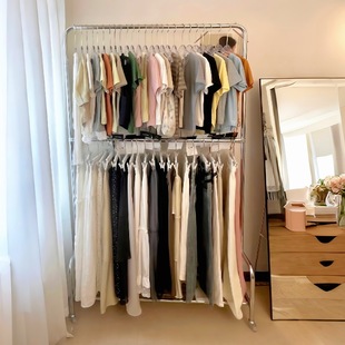 Double-Layer Adjustable Coat Rack, Rust-Proof Carbon Steel Clothing Store Clothing Display Rack, Floor-Standing Bedroom Clothes Rack