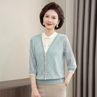 2025 Spring New Middle-aged and Elderly Pullover Fake Two-piece Top Mother's National Style Outer Wear Inner Knitted Shirt