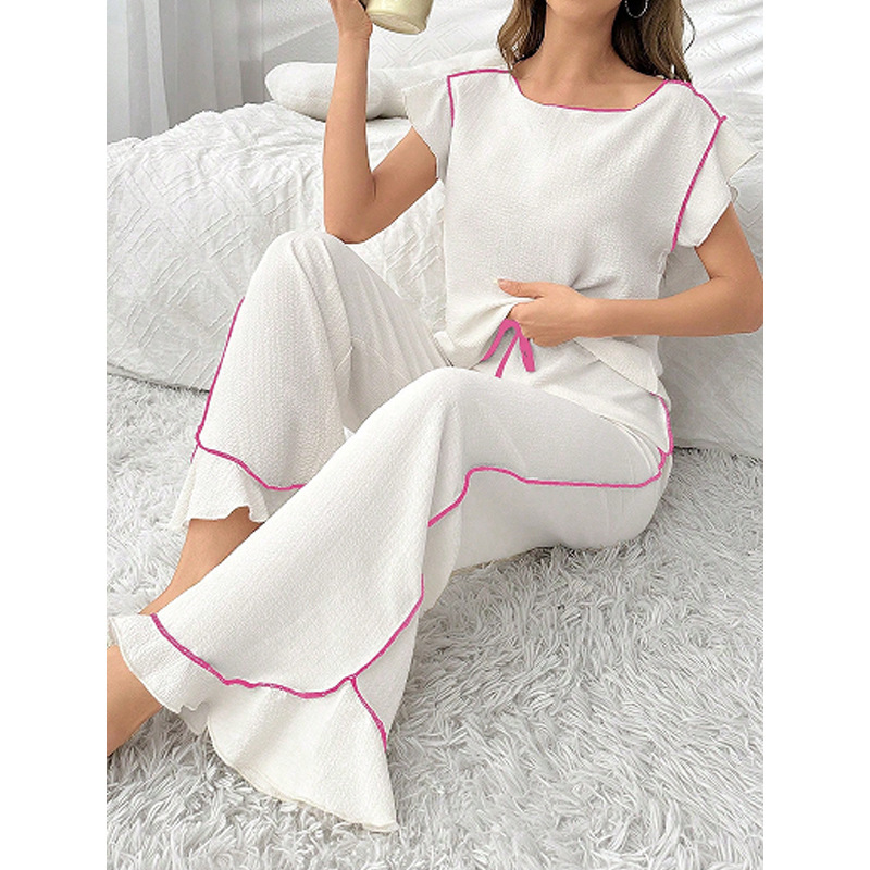 ChicShe Damen-Pyjama-Set mit Rundhalsausschnitt und gekreuzten Bordüren, bequem, für Frühling/Sommer, neue hochwertige Patchwork-Farbblock-Zierelemente, europäischer Stil_voghion.com