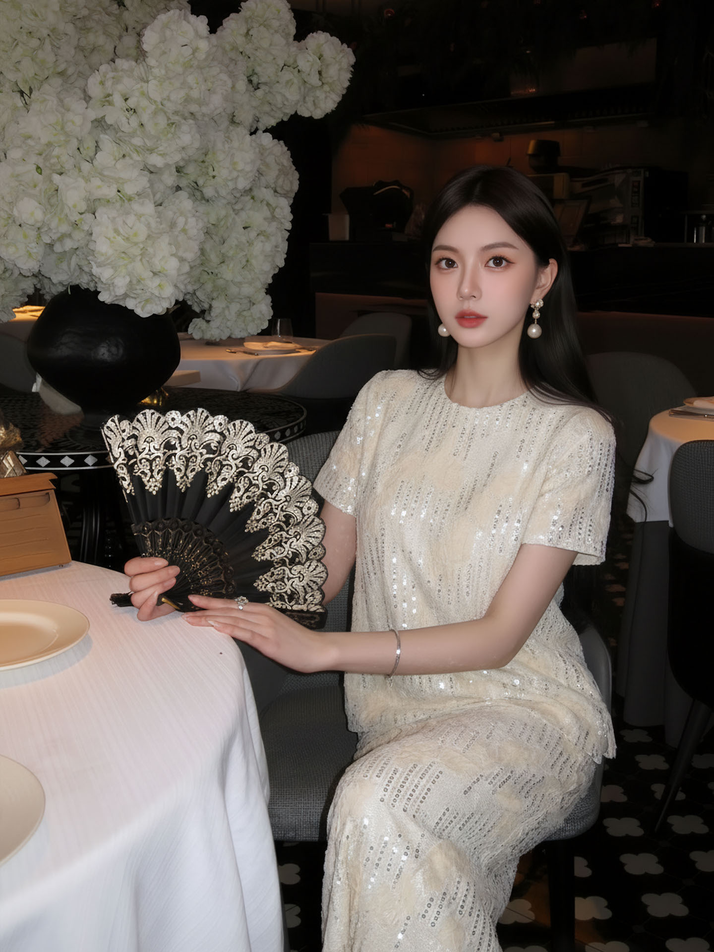 Áo sơ mi nữ dài tay phong cách Trung Hoa đính sequin cao cấp xuân hè — Áo sơ mi màu mơ, Váy nửa màu hạnh nhân