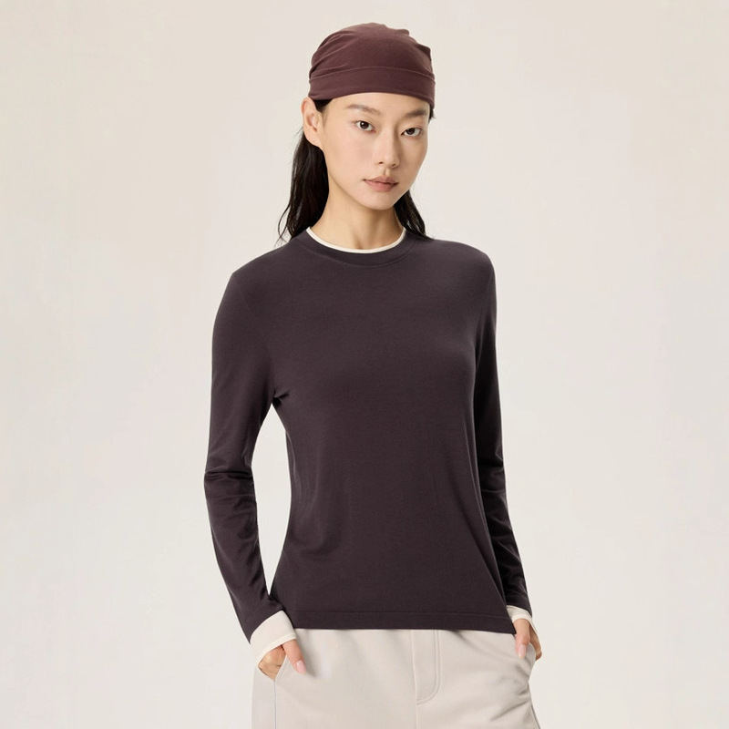 Merino Wool Lenzing Tencel Autum Tencel Fake Two-Piece Knitted Long-Sleeved T-Shirt Contrasting Color Bottoming Shirt for Women