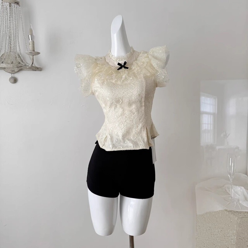 Delicate and Exquisite Girl's Top with Multi-Layer Lace, Sequins, Bow, Small Flutter Sleeves, Apricot Color, Off-Shoulder, High Elasticity