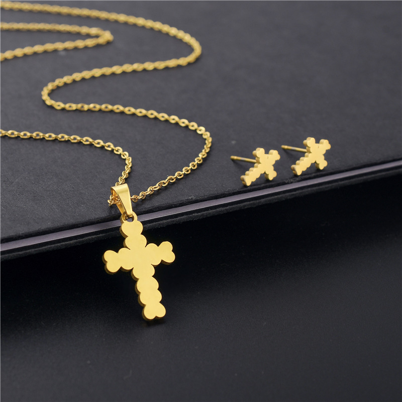 fashion simple stainless steel cross necklace earrings set