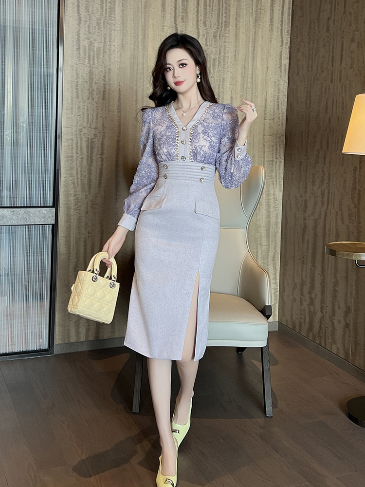 Đầm ôm body nữ cổ chữ V đính đá nặng phối ren — Tím khoai môn