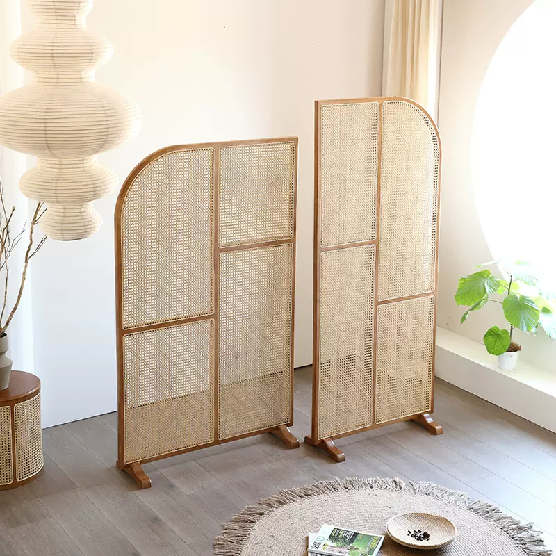 民宿日式实木屏风组合小户型新中式餐厅创意藤编隔断墙可移动座屏