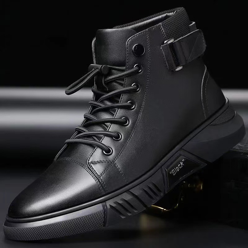 Leather winter plush and thick Martin high top men's boots, leather, soft soled cotton leather shoes, warm snow boots_voghion.com