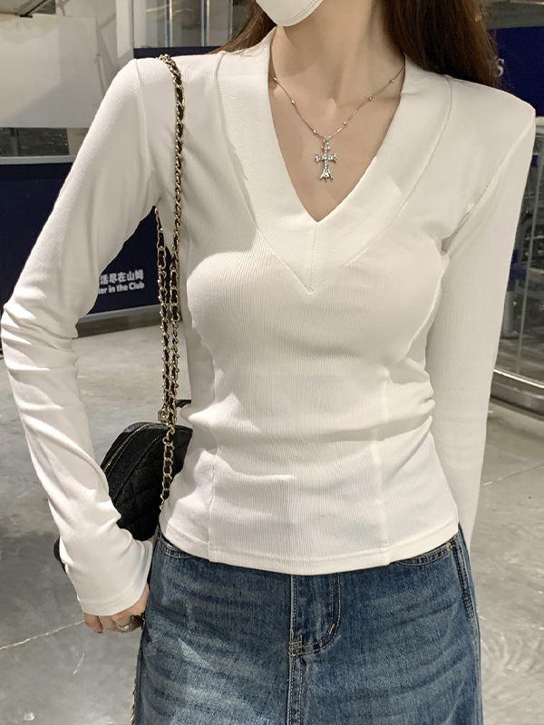 韩版心机V领鱼骨线修身长袖打底衫女秋纯欲正肩纯色短款t恤上衣新|undefined