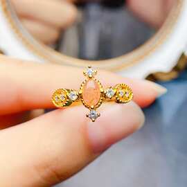 新款天然太阳石戒指S925银镶嵌主石4*6mm百搭网红爆款女饰批发