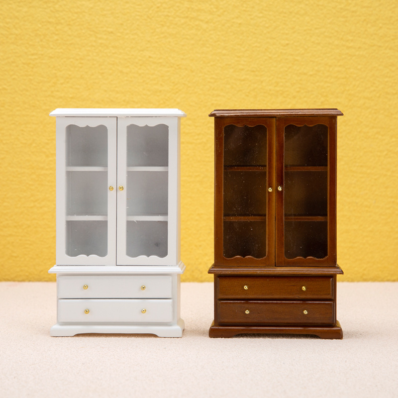1:12娃娃屋DIY DOLLHOUSE 木质客厅家具 三层双门书柜展示柜
