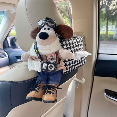 Ornaments, Car-Mounted Tissue Box, Car tissue box/set - white-scarf-coffee-colored-coat-with-shoes-black-camera-black-cardboard-box