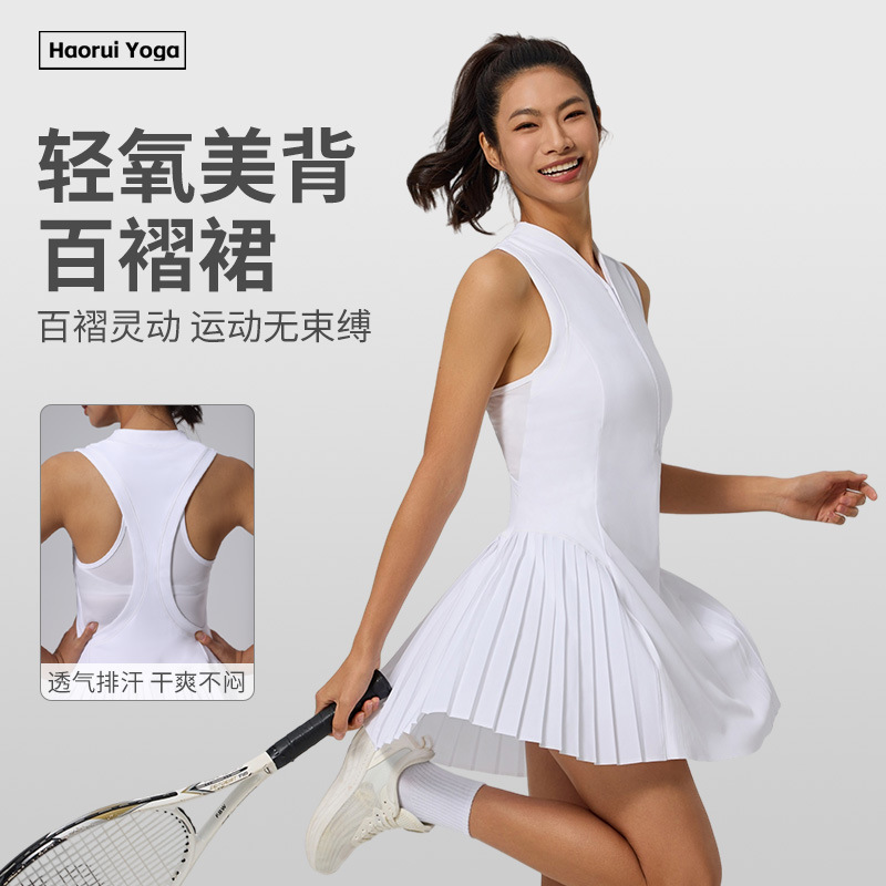 New half-zip V-neck dress for women, suitable for outdoor running, anti-exposure, fitness, sports, pleated skirt, tank top, tennis skirt