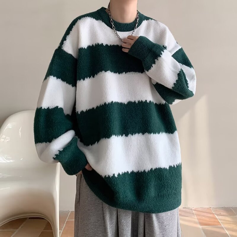 Black and White Striped Sweater Soft Waxy Sweater Couple's Coat Lazy Autumn and Winter Crewneck Pullover Youth Fashion Leisure