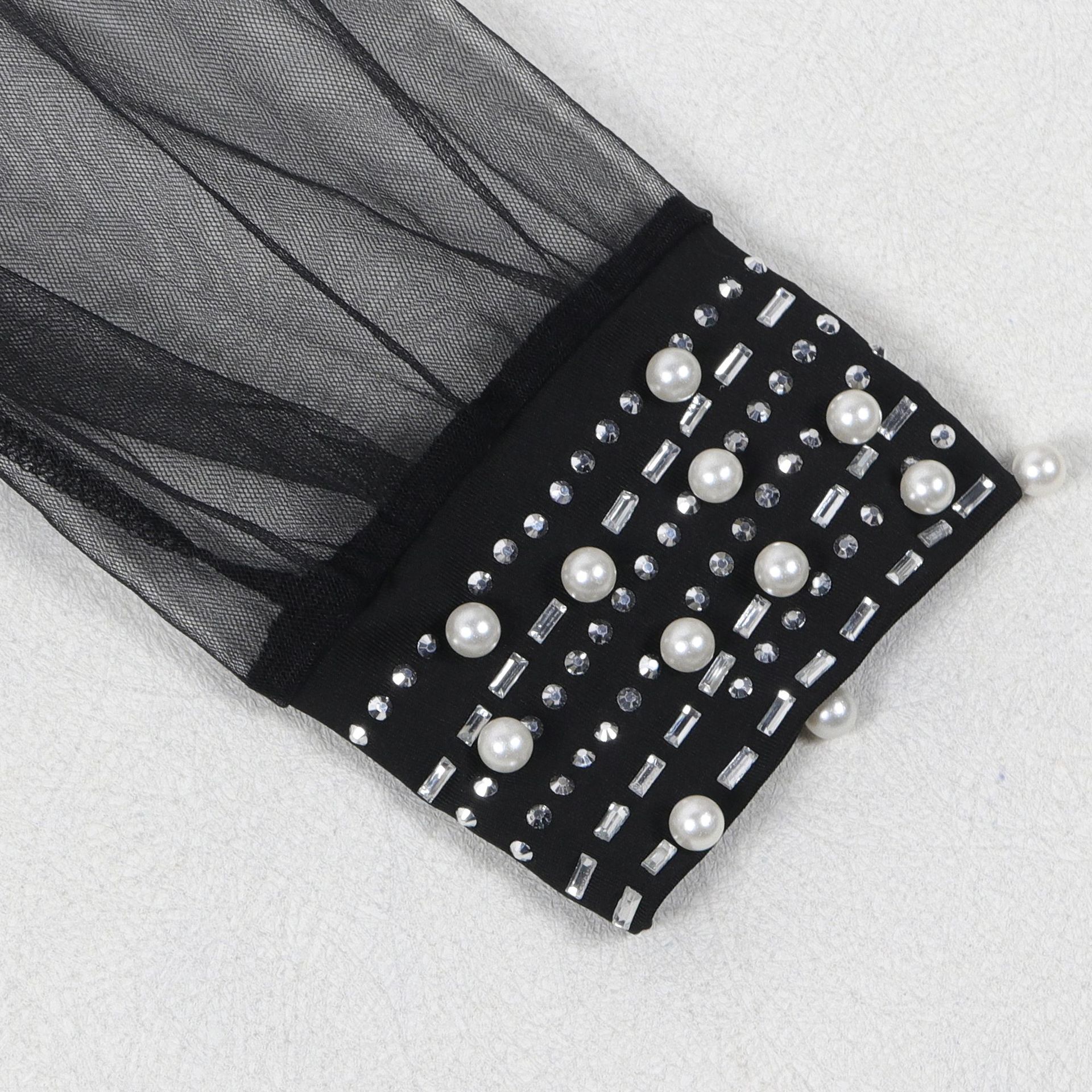 Sexy Drilling V neck Stitching See through Sleeve Hip Stretch Dress