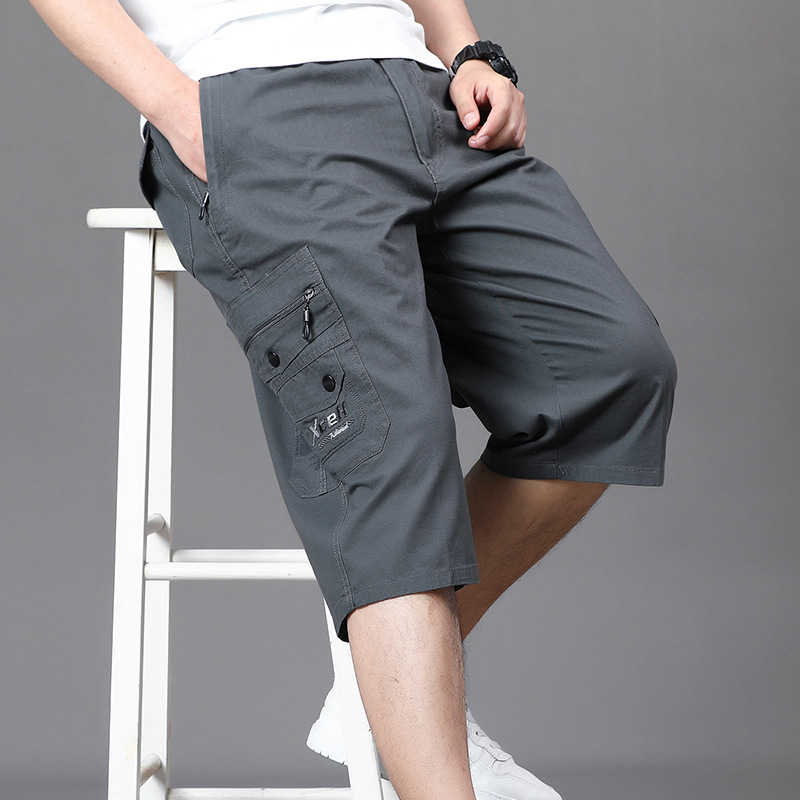 Cross-Border Washed Pure Cotton Cargo Pants Casual Cropped Pants for Men Middle-Aged and Elderly Elastic Waist Casual Versatile Pants