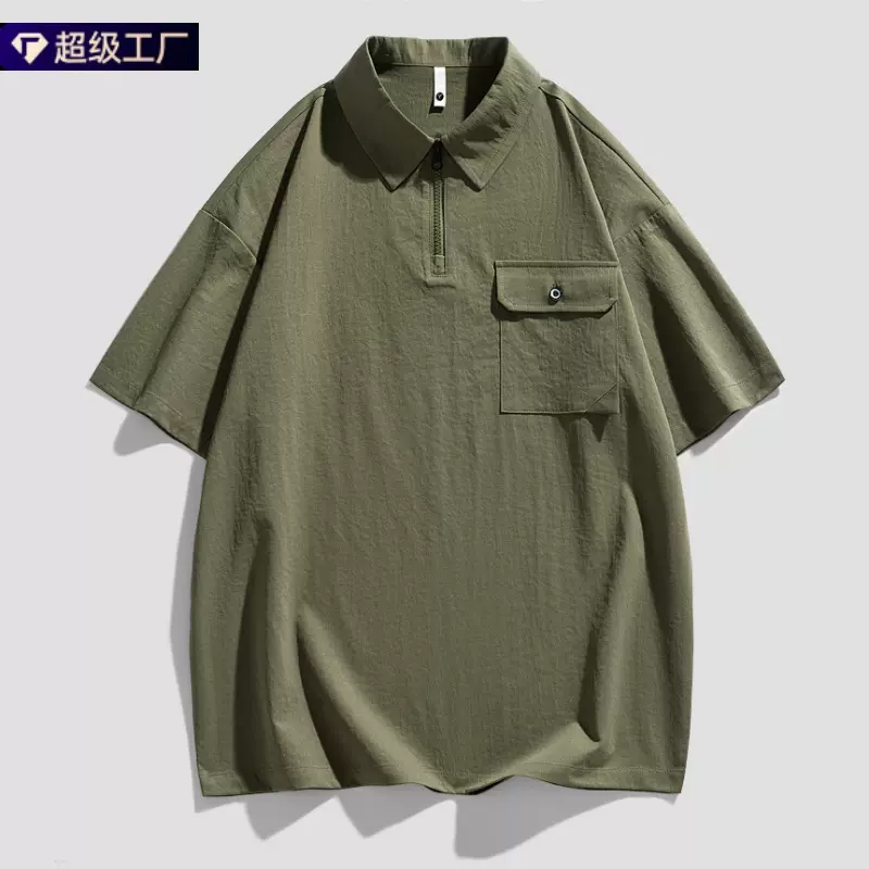 设计感短袖Polo衫男夏季青春宽松大码半拉链翻领半袖T恤潮百搭