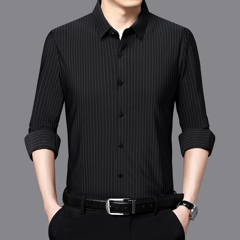 Camisa sin costuras para hombres Primavera y otoño Nueva solapa a rayas camisa de manga larga de negocios jóvenes y de mediana edad sin planchar ropa superior para hombres