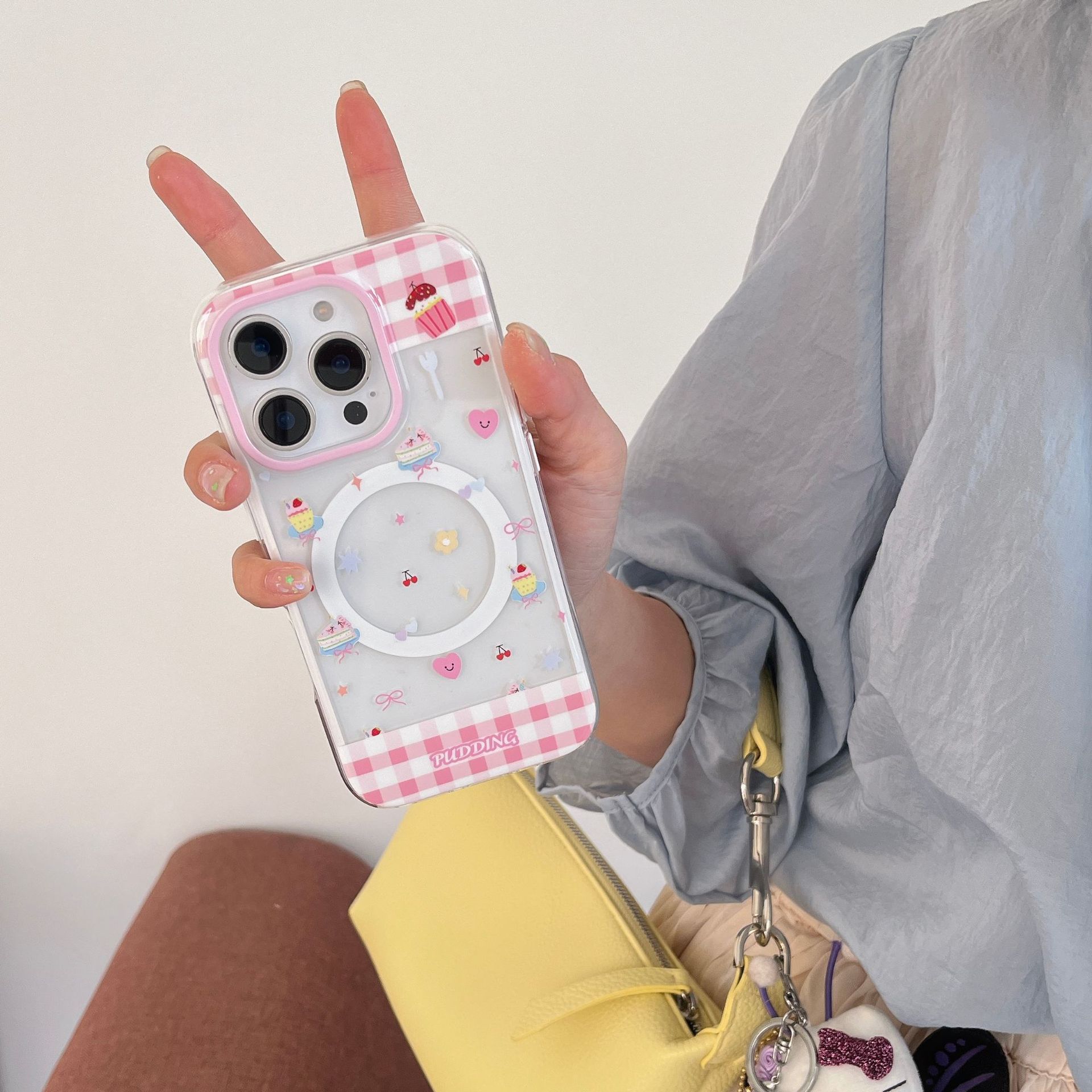 Postre de costura de cuadros en polvo de dibujos animados para Apple 16ProMax funda para teléfono móvil 15Pro transparente 14/13 magnético 16