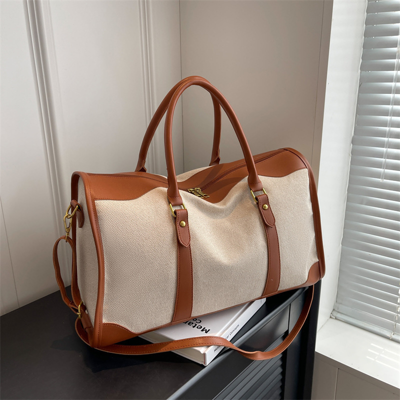 Cross-border retro women's handbag canvas travel luggage bag sports fitness short-distance large capacity contrast color travel bag Cross-border retro women's handbag canvas travel luggage bag sports fitness short-distance large capacity contrast color travel bag