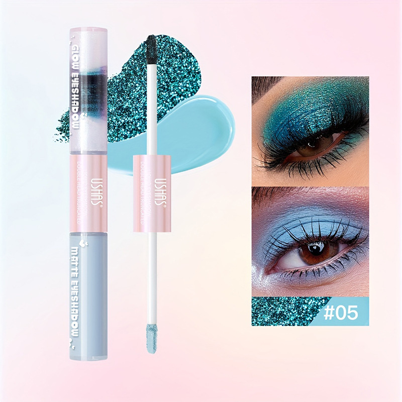 USHAS Sombra de ojos de doble cabeza de punto transfronterizo europeo y americano, brillo fino, sombra de ojos líquida impermeable de gusano de seda de alto brillo LG2591