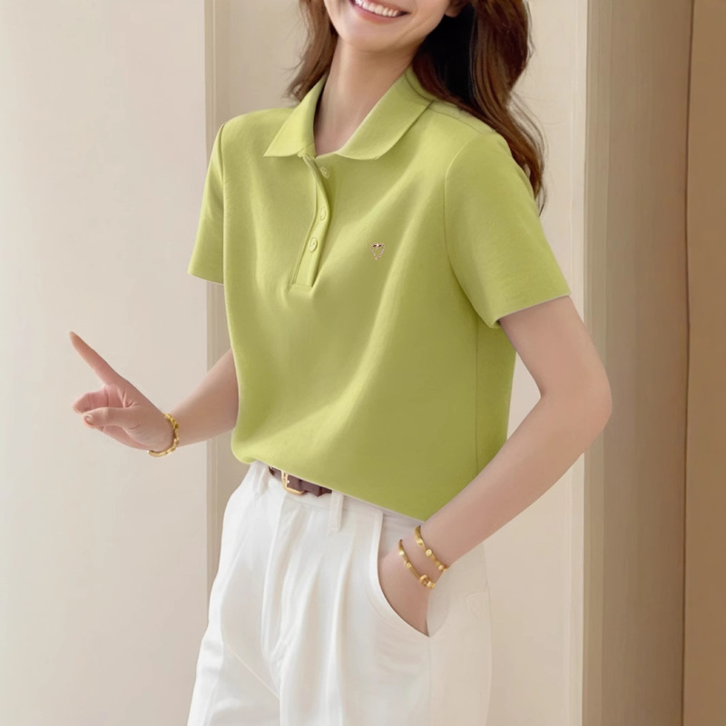 Summer Mustard Green Short-Sleeved Polo Collar Shirt Women's Heart Brooch Top Whitening Ins Style Commuter Polo Shirt
