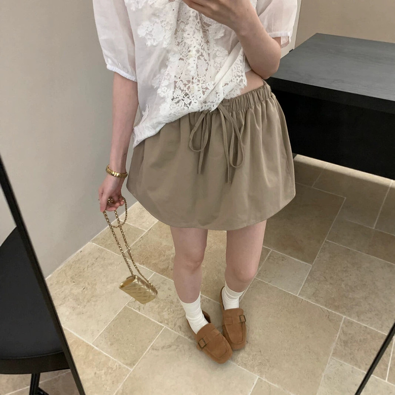 Khaki Elastic Waist Skirt Pants Women's 2026 Summer Korean Style Versatile Simple Casual Tie Short Skirt