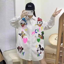 欧洲站2024春夏季新款卡通印花亮片涂鸦衬衣女中长款宽松跨境潮牌