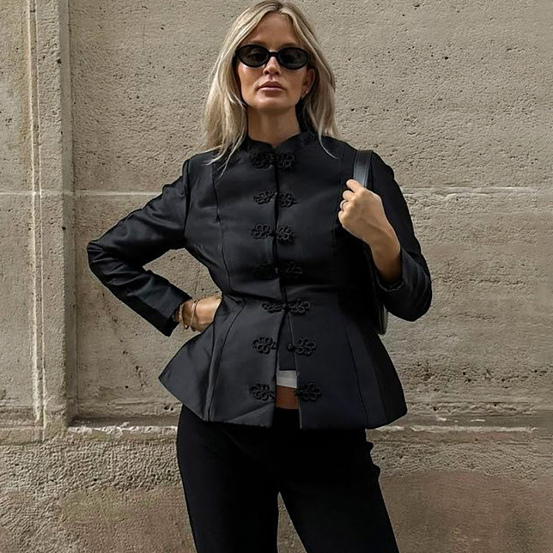 2026 Spring/Summer New Cross-Border European and American New Chinese Style Jacket Black Half-High Collar Buttoned Long Sleeve Elegant Versatile Top
