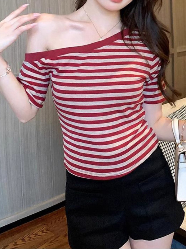 纯欲风ins辣妹露肩条纹短袖T恤女2025夏季新款修身打底时尚上衣女|undefined