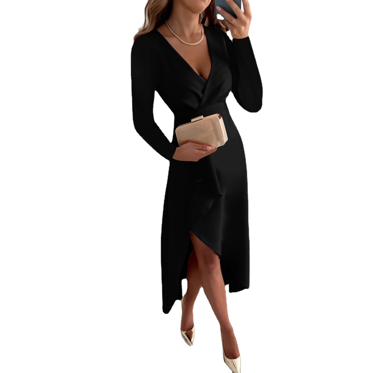 2022 estación independiente deseo Amazon popular Otoño e Invierno manga larga con cuello en V plisado dobladillo vestido dividido ropa de mujer image 6