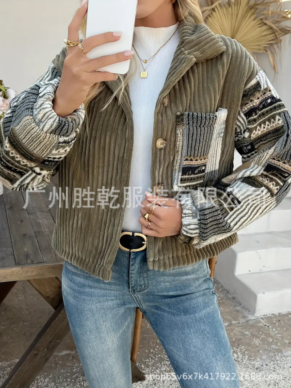 欧美跨境外贸女士秋冬季小众翻领长袖纽扣夹克 时尚拼 接外套棉服|undefined