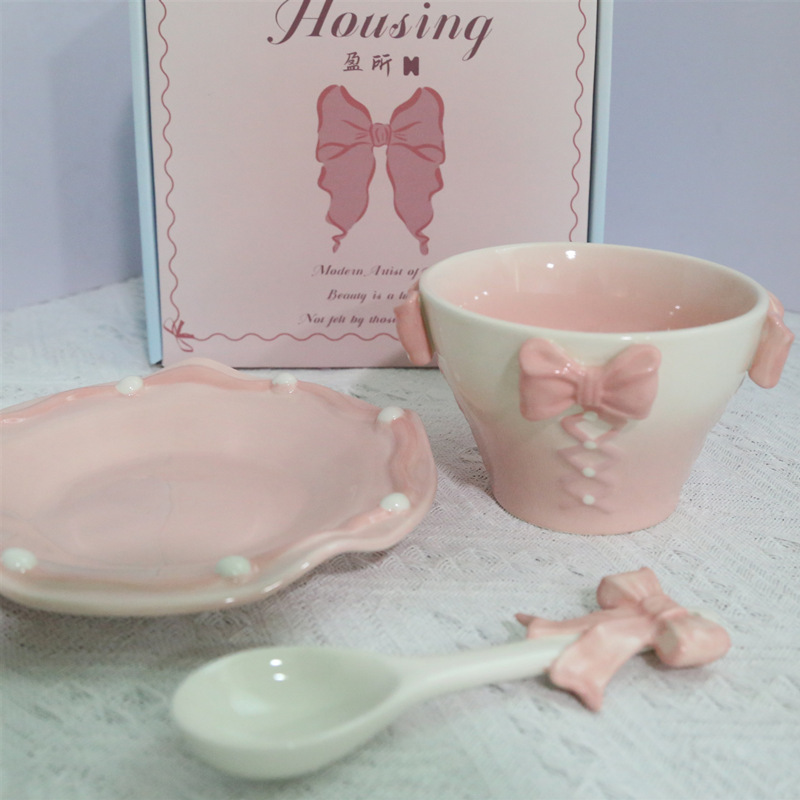 小公主 蝴蝶结餐具套装陶瓷盘子家用饭碗甜品水果盘早餐盘ins可爱|undefined