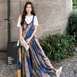 晕染蓝色连体裤女夏新款超火爆款网红阔腿裤连衣裤背带裤爆款