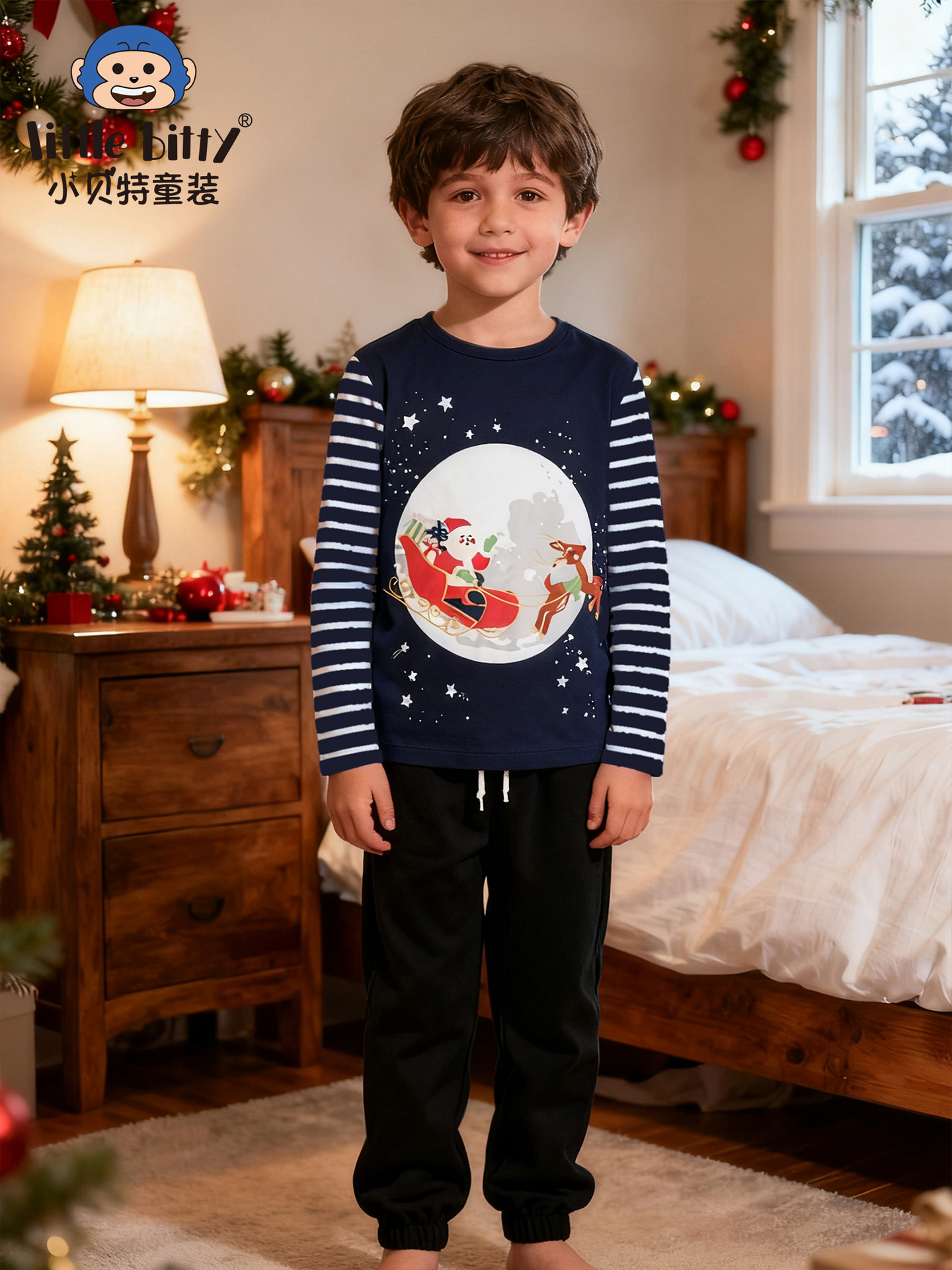 Cross-Border European and American Children's Clothing Autumn and Winter Christmas Long-Sleeve T-Shirt with Cartoon Reindeer Print and Striped Sleeves Wholesale in Stock