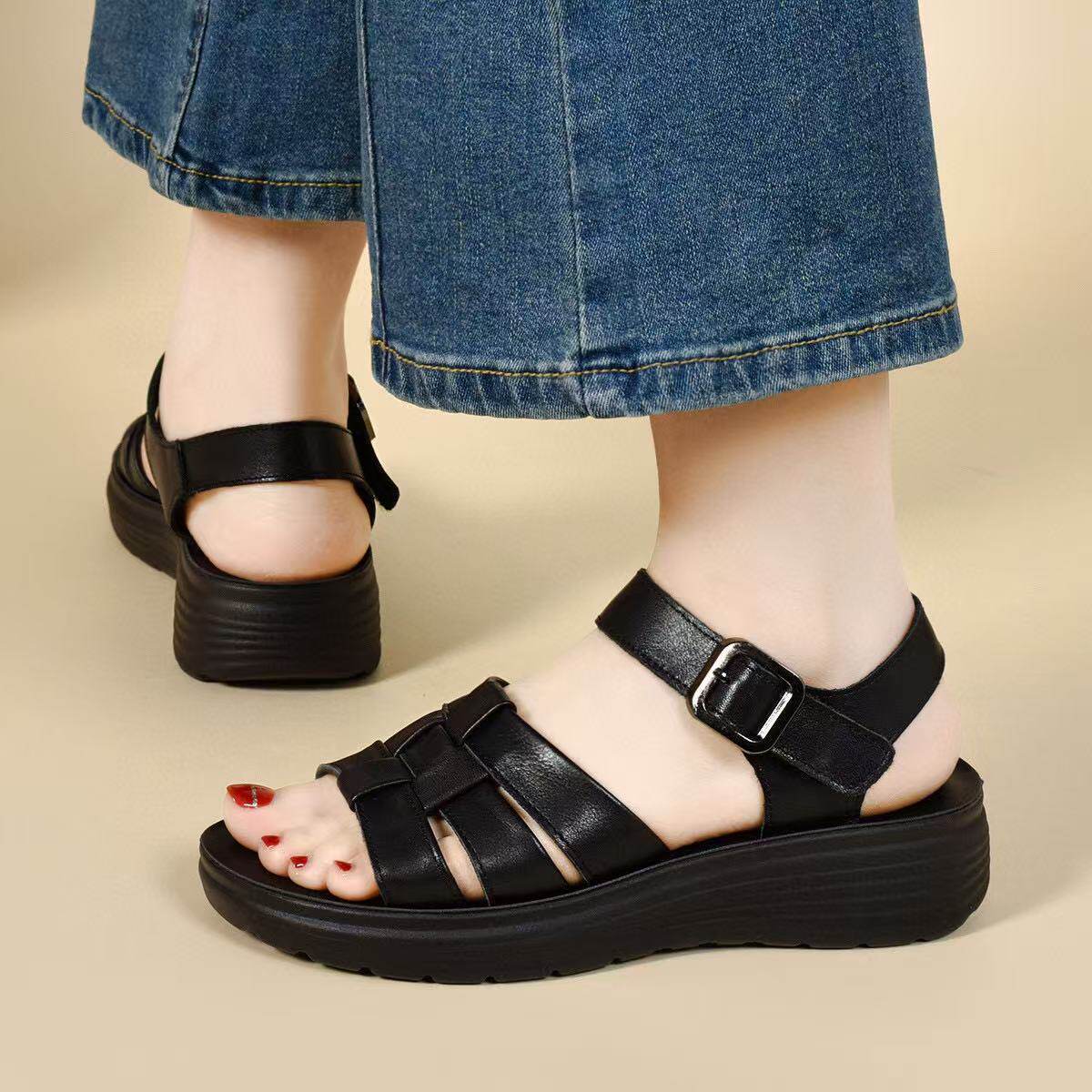 Sandal nữ hở mũi đế xuồng da thật gót thấp mềm phong cách cơ bản — màu đen