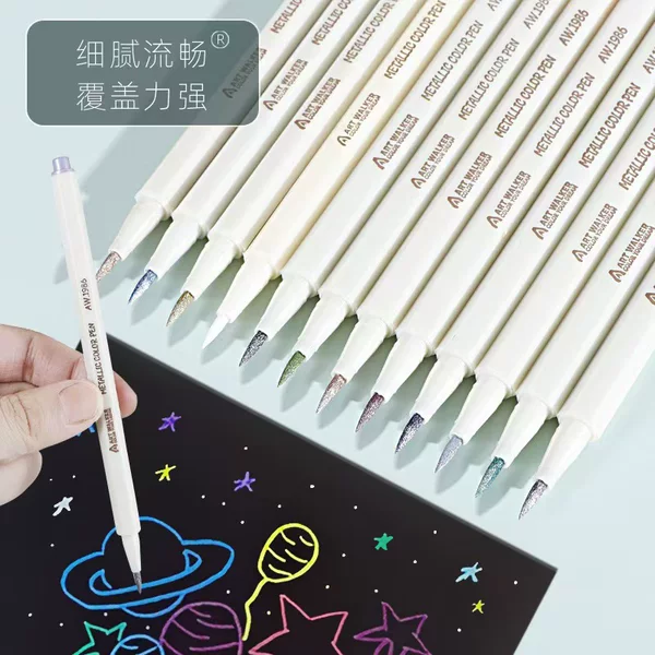 Metallic Highlighter Pen Set, 12-Color Soft Tip Metallic Markers, Paint Pens for Model Coloring and Outlining
