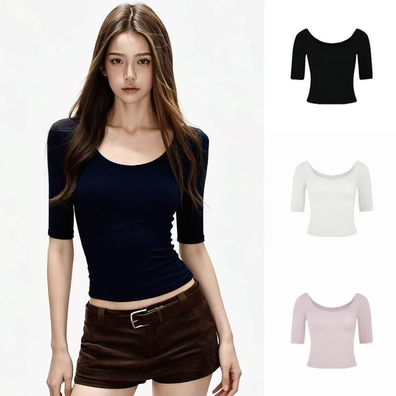 American-Style Black Low-Neck T-Shirt for Women, Half-Sleeve, Slim-Fit, Short-Sleeve, Sexy Tight-Fitting Low U-Neck Short Top with Five-Quarter Sleeves