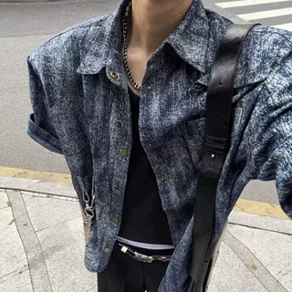 水洗扎染短袖衬衫男夏季美式复古小众解构宽松痞帅设计感衬衣外套