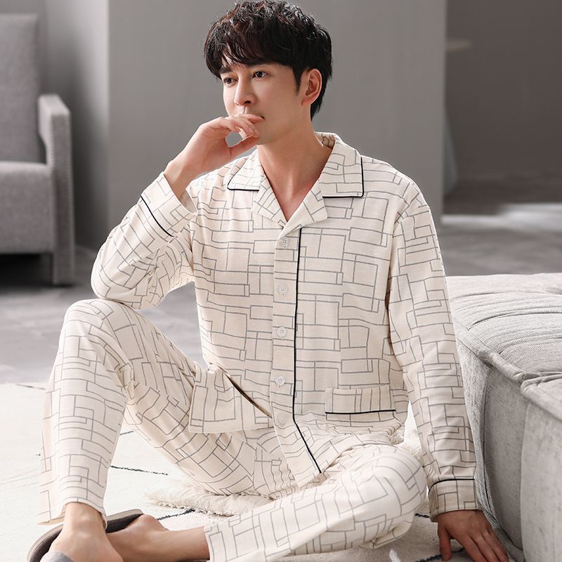 Cardigan pijamas de los hombres 100% algodón primavera y otoño se pueden usar fuera traje de manga larga invierno papá joven y de mediana edad ropa para el hogar