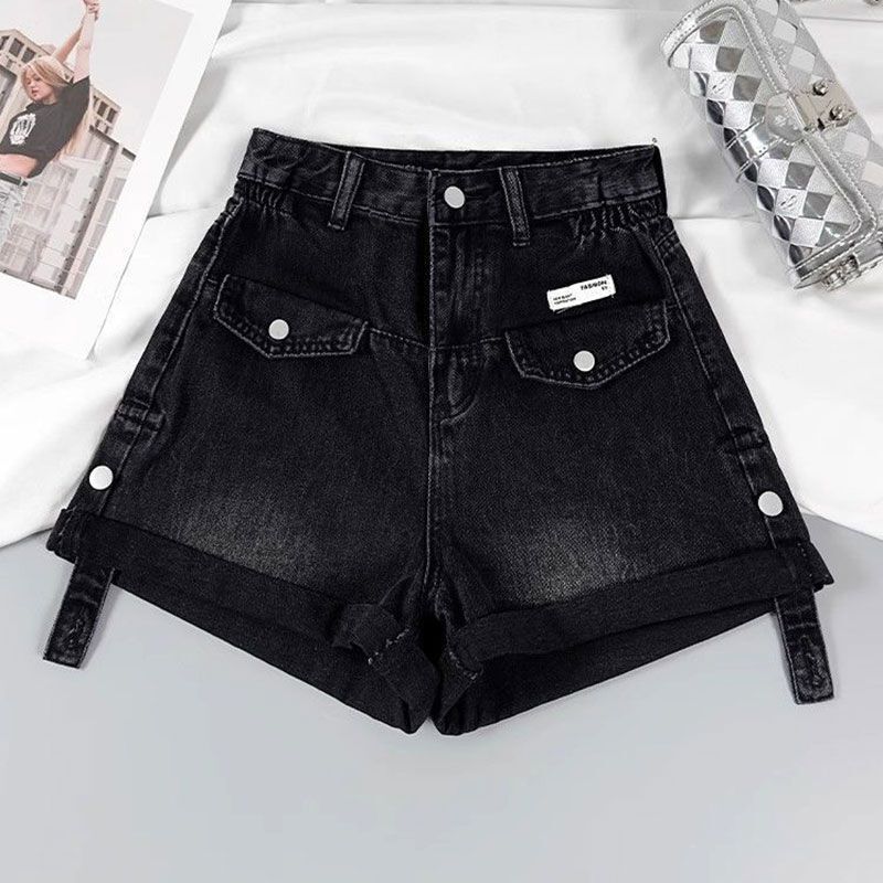 Plus-Size Rolled-Edge Denim Shorts for Women, Black, New Summer Style, Flattering for Pear-Shaped Body, High-Waisted Wide-Leg Shorts