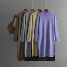 2024秋冬新款跨境长款过膝半高领针织连衣裙宽松显瘦纯色毛衣裙女