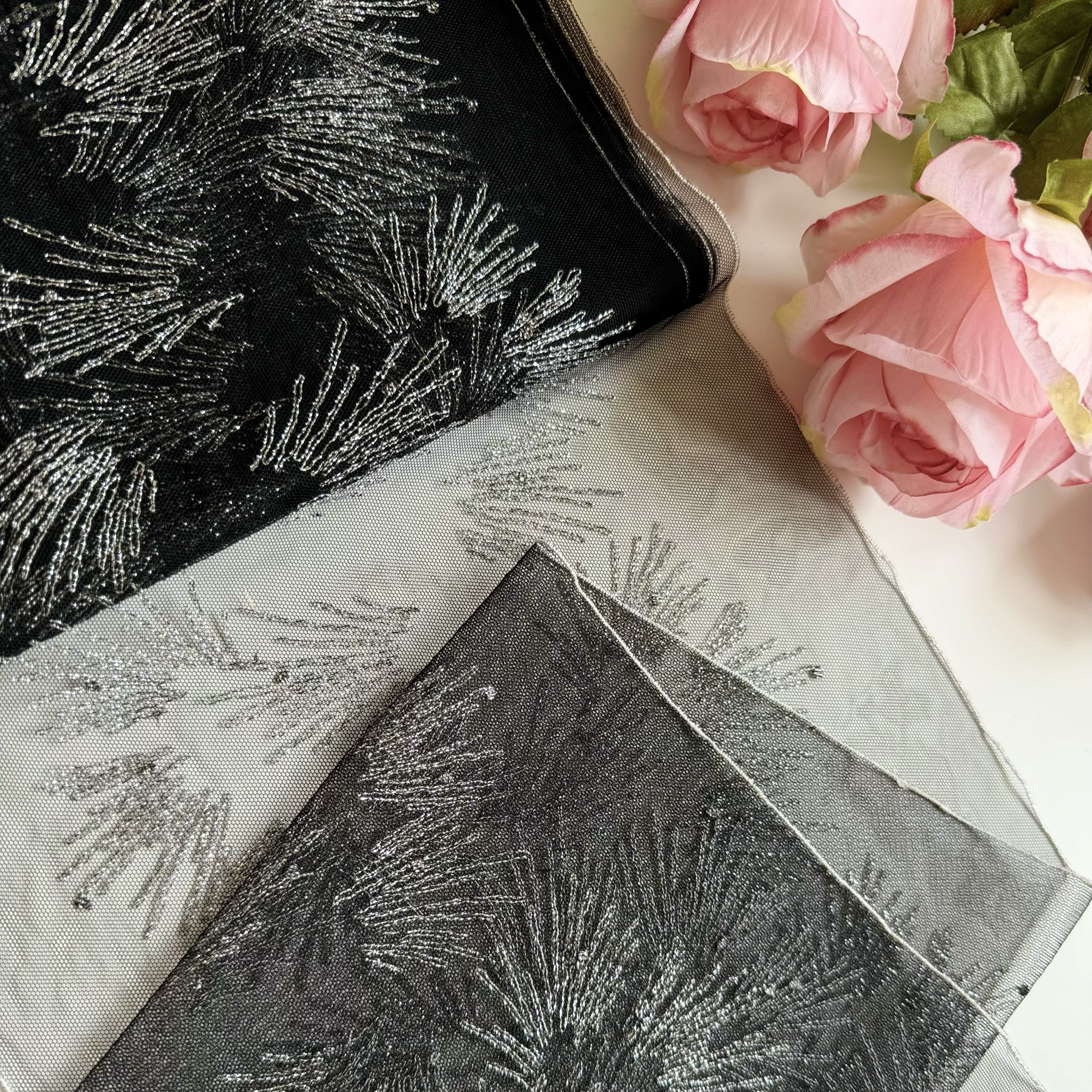 日单黑色银线闪闪满幅网纱刺绣花边diy娃衣内衣裙摆拼接辅料