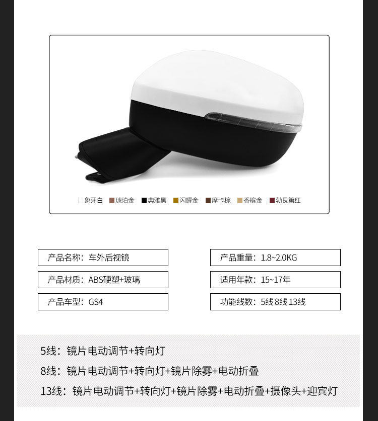 Suitable for Gac Trumpchi Gs4 Rearview Mirror 15 16 17 Model Year Gs4 Left and Right Exterior Rearview Mirror Assembly