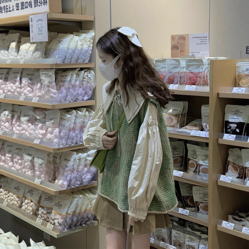 娃娃领衬衫搭配针织马甲两件套装少女设计感时尚毛衣叠穿马夹秋季