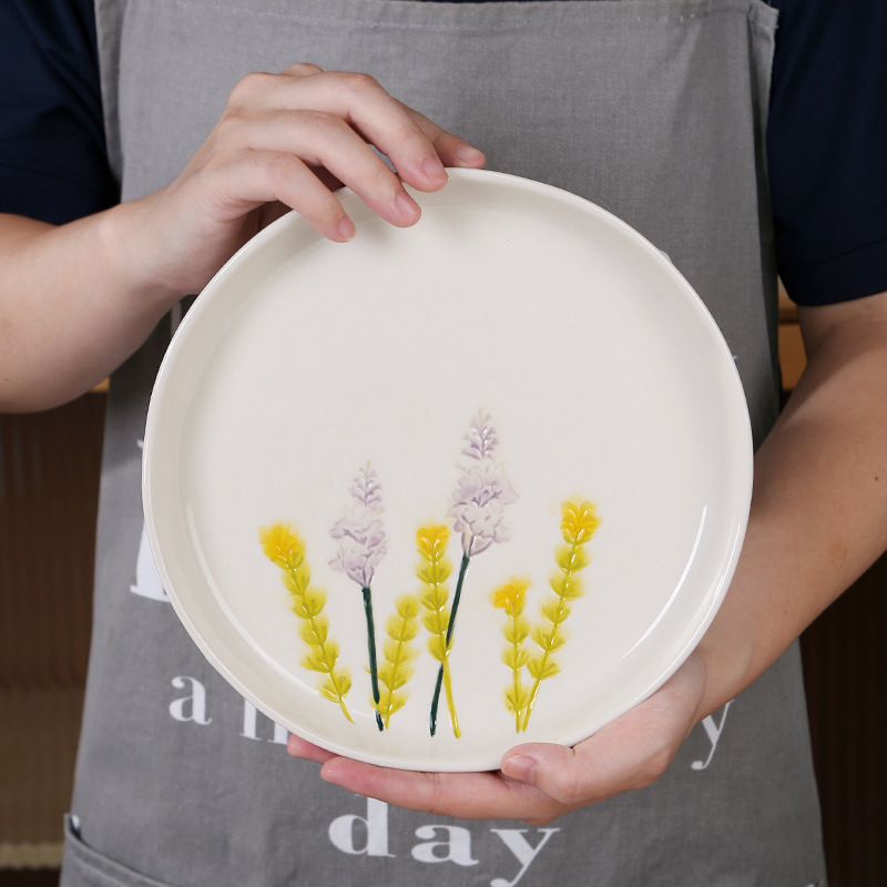 Lavender Ceramic Bowl and Dish suit Underglaze Color Hand-painted Plate Yin Carving French Salah Bowl Breakfast Plate Pasta Deep Plate