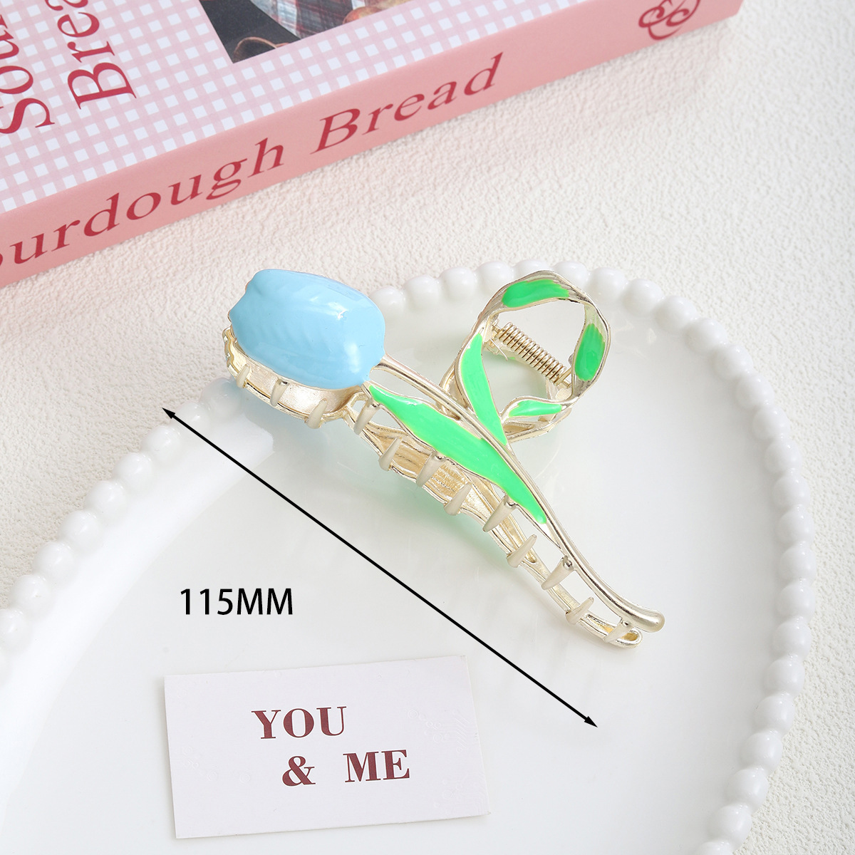 Light blue alloy rose hair clip 11cm