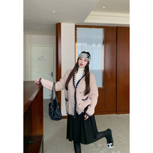 秋冬新款慵懒风毛衣外套+高领打底+羊毛呢压褶高腰半身裙套装女