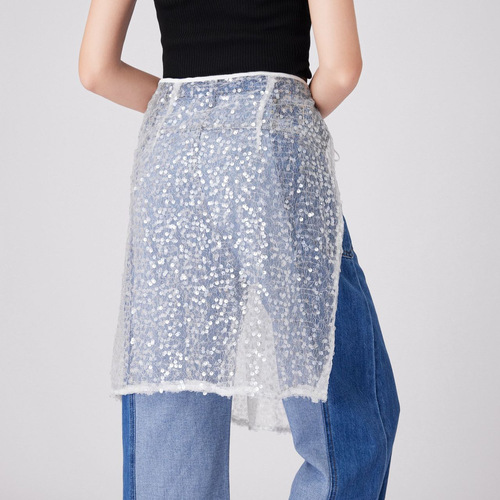 Stylish Vintage Layered Sheer Dress with Sequin Lace Hem, Perfect for Spring and Summer, Uniquely Trendy Starred-Hot Half Body Skirt for Women